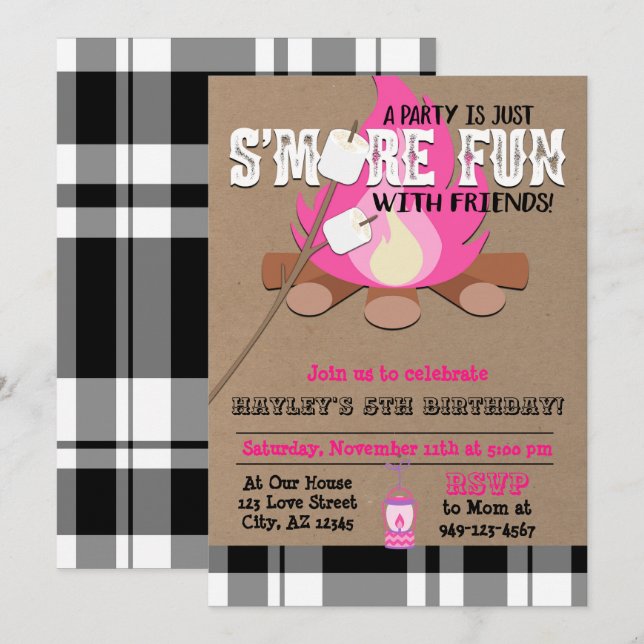 S'more fun Camp fire Pink plaid Girl's Birthday Invitation (Front/Back)
