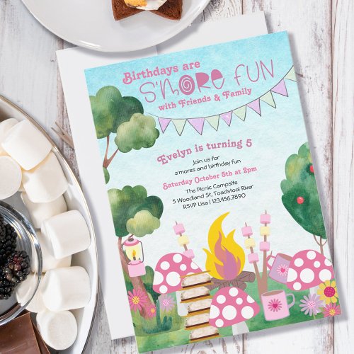 Smore Fun Campfire and Toadstool Girls Birthday Invitation