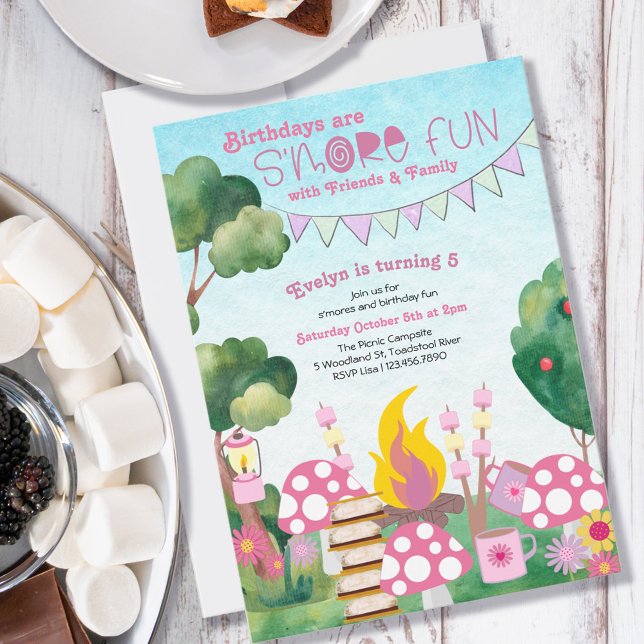 S'more Fun Campfire and Toadstool Girls Birthday Invitation (Creator Uploaded)
