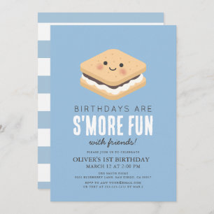 S'more Fun Kawaii Blue Boy 1st Birthday Invitation
