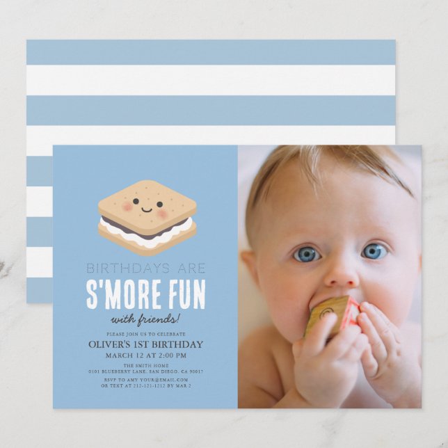 S'more Fun Kawaii Blue Boy 1st Birthday Photo Invitation (Front/Back)