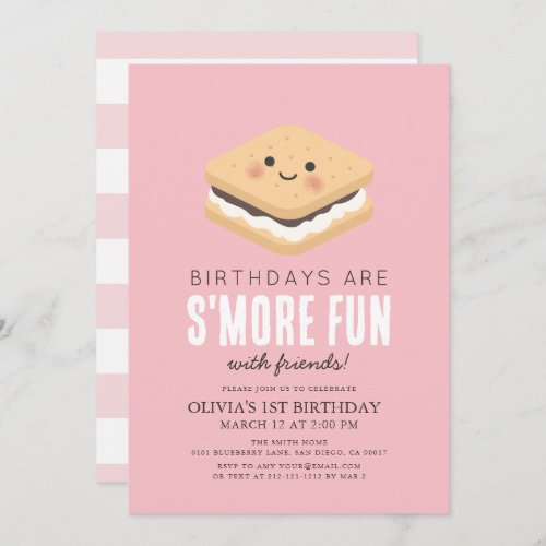 Smore Fun Kawaii Pink Girl 1st Birthday Invitation