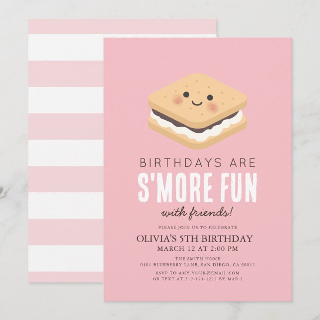 S'more Fun Kawaii Pink Girl Birthday Invitation (Front/Back)