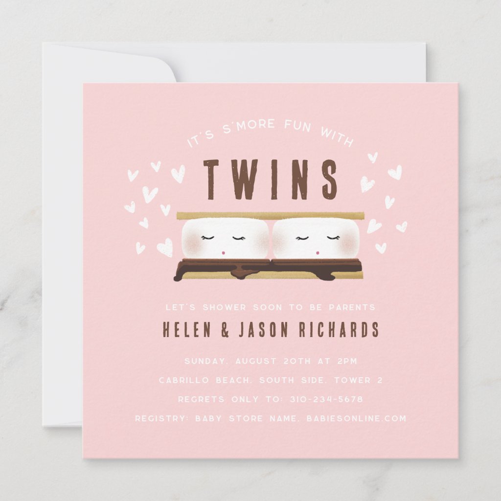 S'more fun with Twins Baby Shower Pink Invitation