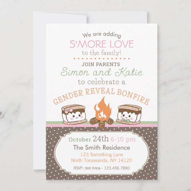 S'more Love themed baby gender reveal invitation (Front)
