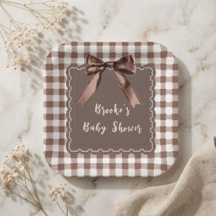 S'more to Love Brown Gingham Bow Baby Shower Paper Plates