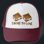 S'more To Love Funny Foodie Campfire S'mores Trucker Hat<br><div class="desc">Hat features an original marker illustration of a delicious chocolate-marshmallow campfire s'more,  with S'MORE TO LOVE in a fun font.

This design is also available on other products. Don't see what you're looking for? Need help with customization? Contact Rebecca to have something designed just for you.</div>