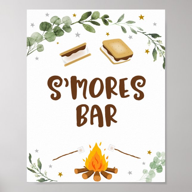 S'mores Bar Camping Campfire Greenery Birthday Poster (Front)