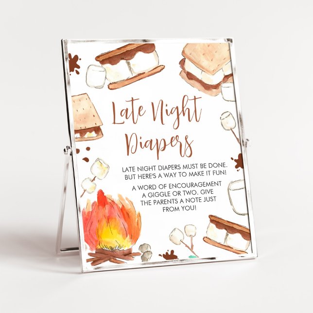 S'mores Camping Baby Shower Late Night Diapers Poster (Smore Fun Baby Shower Late Night Diapers Sign)
