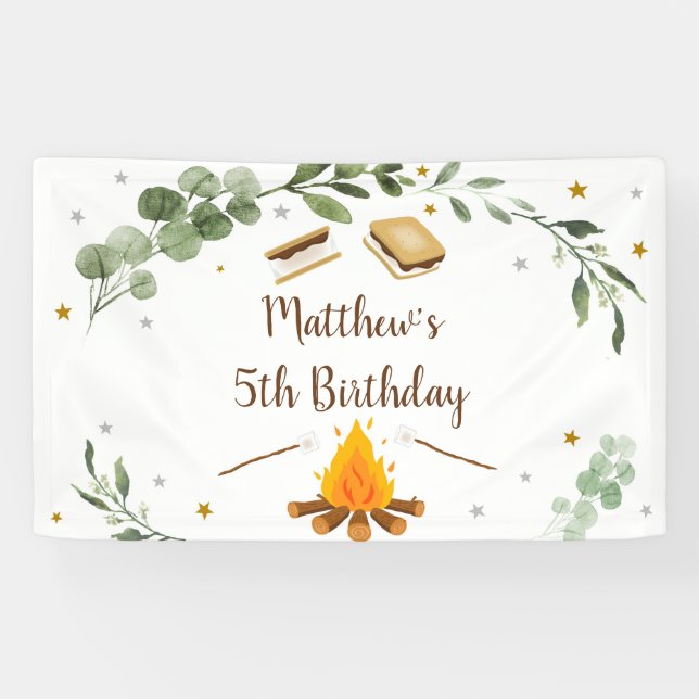 S'mores Camping Campfire Greenery Birthday Banner (Horizontal)