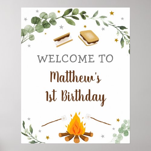 Smores Camping Campfire Greenery Birthday Welcome Poster