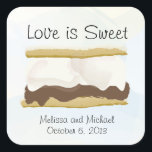 Smores Love Is Sweet Square Sticker<br><div class="desc">S'mores have been a popular favor to give your wedding guests. Add this label to your Gourmet S'mores Kit (box or bag) that contains all the ingredients. It will surely be a big hit among your guests! If you need any changes to this please email paula@labellarue.com</div>