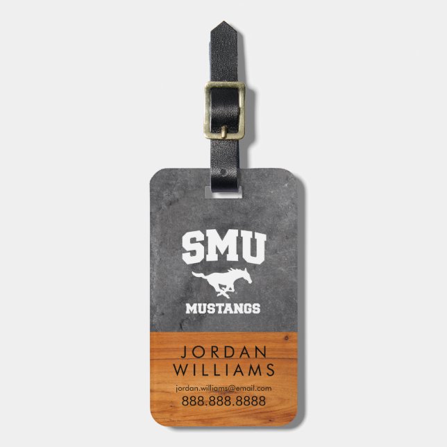SMU Mustangs Wood Cement Half White Luggage Tag (Front Vertical)