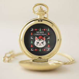 Smudge Cat Ugly Christmas Sweater (2) Pocket Watch