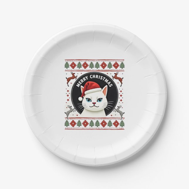 Smudge Cat Ugly Christmas Sweater  (3) Paper Plates (Front)