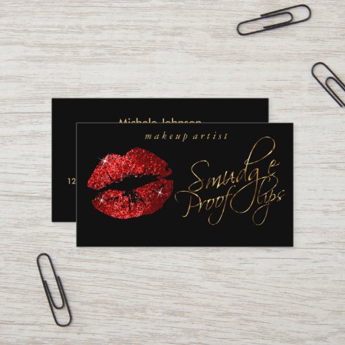 Smudge Proof Lips _ Red Glitter and Elegant Gold Business Card