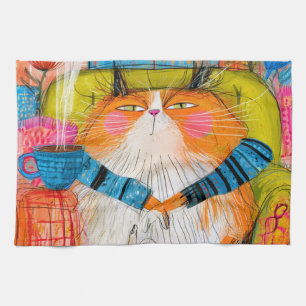 Smug Orange Tabby Cat Drinking Coffee Kitchen Towel