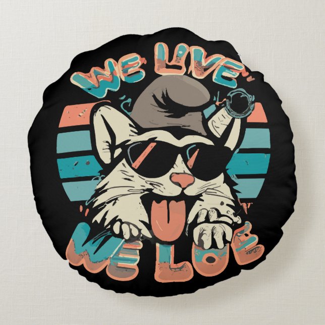 Smurf Cat - We Live We Love  Round Pillow (Back)