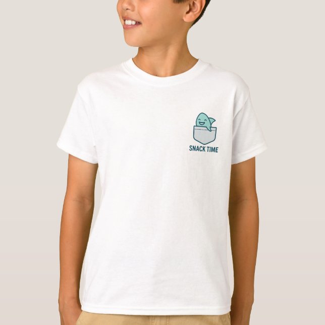 Snack Time – Cute Pocket Shark Design T-Shirt (Front)