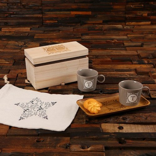 Snack Tray Gift Set with Sandblasted Ceramic Mugs