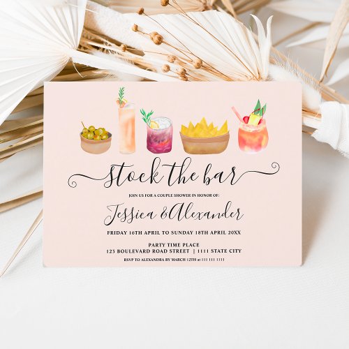 Snacks cocktails watercolor couples shower pink invitation