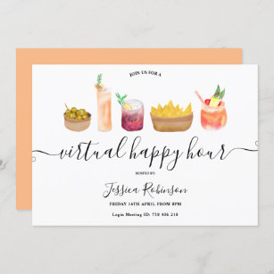 Snacks cocktails watercolor virtual happy hours invitation
