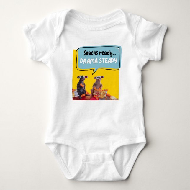 Snacks Ready, Drama Steady Baby Bodysuit (Front)