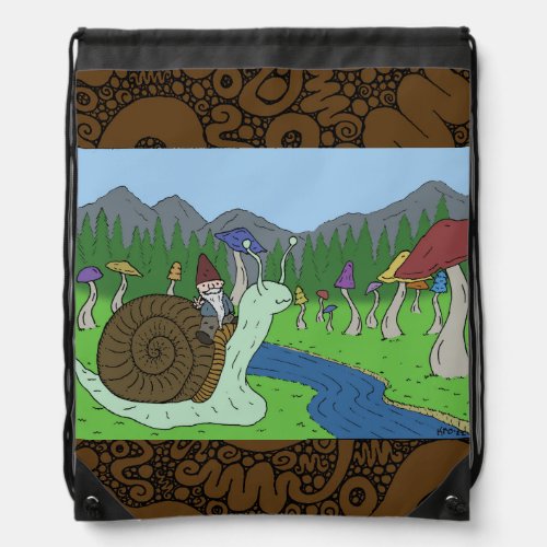 Snail and Gnome multicolor woutline Drawstring Bag