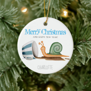Snail and striped cup ceramic ornament