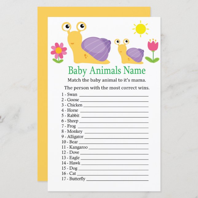 Snail Baby Animals Name Game (Front/Back)