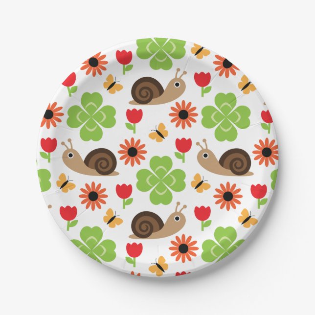 Snail & Clover Seamless Pattern Paper Plates (Front)