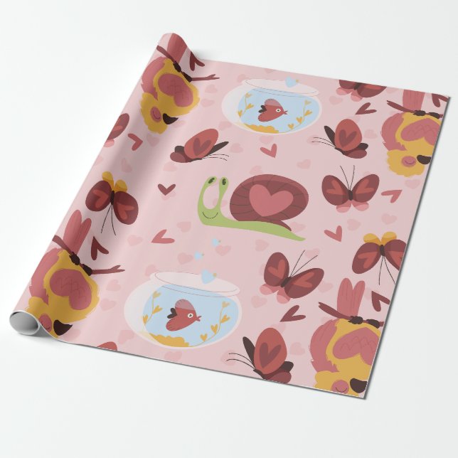 snail heart love butterflies romance valentines wrapping paper (Unrolled)