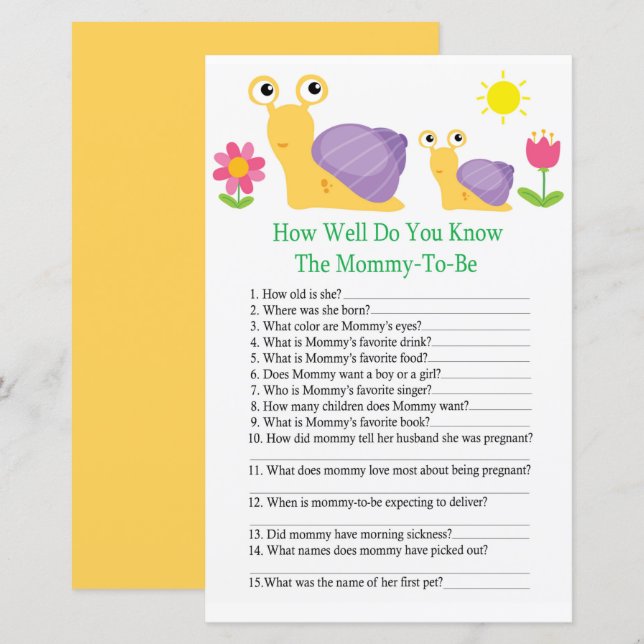 Snail How well do you know baby shower game (Front/Back)
