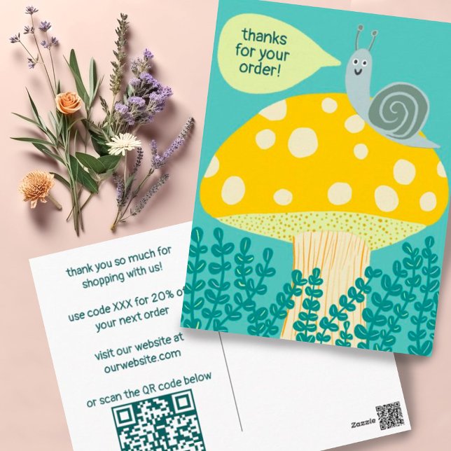 Snail Magical Mushroom CUSTOM Order Thanks QR Postcard (Custom QR Code customer appreciation postcard for including with orders. Snail and magic mushroom!)