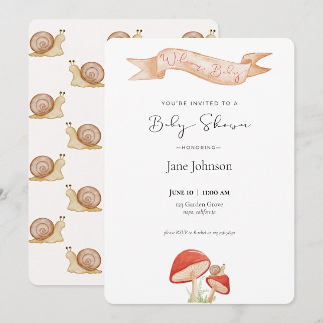 Snail & Mushroom Baby Shower Invitations (Front/Back)