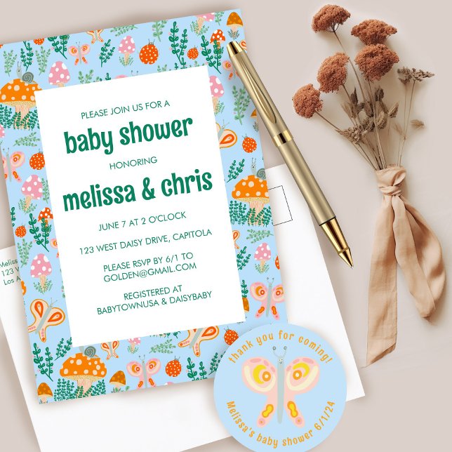 Snail Mushroom Butterfly Cute CUSTOM BABY SHOWER  Invitation Postcard (Snail Mushroom Butterfly Cute CUSTOM BABY SHOWER Invitation Postcard
)