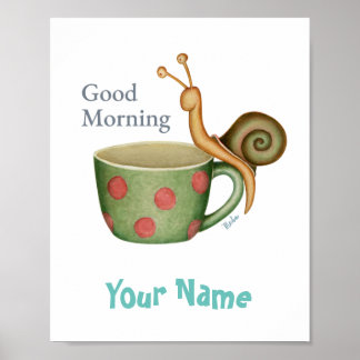 Snail On a Coffee Cup Throw Pillow Poster