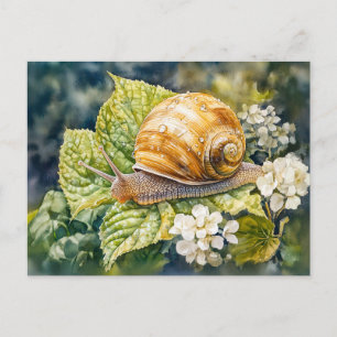 Snail on dogwood bush watercolor painting postcard