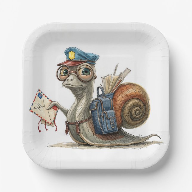 Snail Postman Delivering Mail Paper Plates (Front)