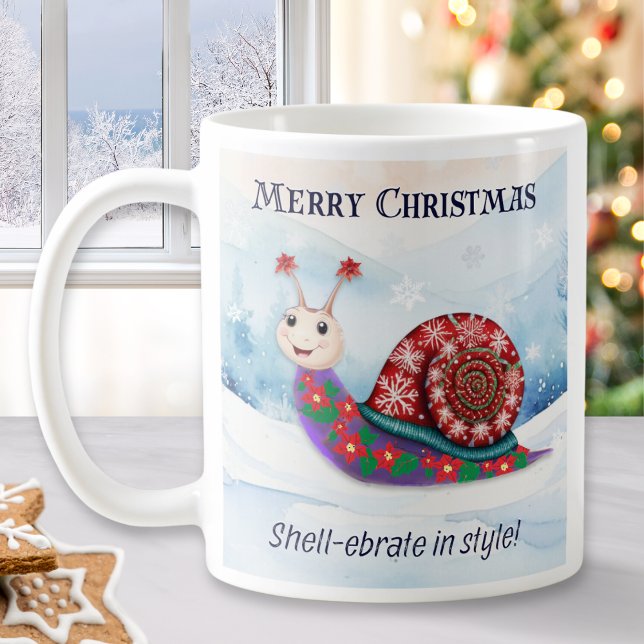 Snail Pun Humor Funny Merry Christmas Personalized Coffee Mug (A funny Christmas mug with picture of a snail wearing a festive patterned sweater on a snowy day)