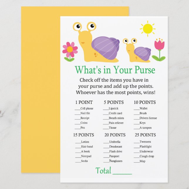 Snail What's in your purse game (Front/Back)
