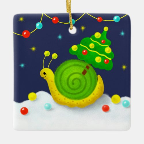 Snail with Christmas Tree Ceramic Ornament