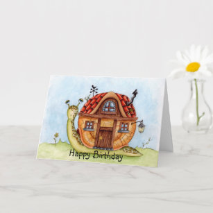 Snail With House On Back Watercolor Birthday  Card