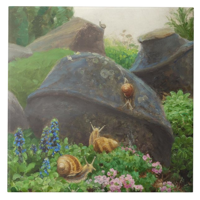 Snails in a Rock Garden (by H.A. Brendekilde) Ceramic Tile (Front)