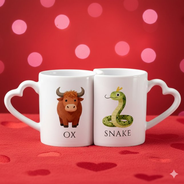 Snake 蛇 Ox 牛 Chinese Zodiac Coffee Mug Set (Whimsical Asian Ox and Snake Lovers' Nesting Mugs Cover Photo)