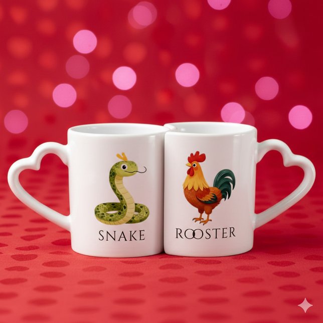 Snake 蛇 Rooster 鶏 Chinese Zodiac Coffee Mug Set (Whimsical Asian Snake and Rooster Lovers' Nesting Mugs Cover Photo)