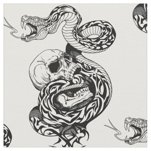 snake and broken human skull fabric