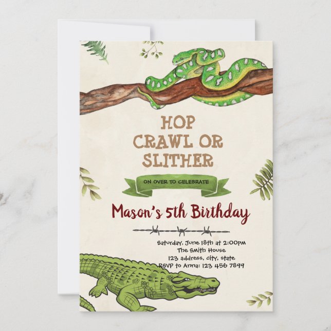 Snake and crocodile birthday invitation (Front)
