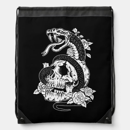 Snake And Flowers Skull Gothic Witchy Punk Aesthet Drawstring Bag
