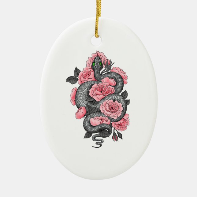 Snake and peach roses ceramic ornament (Front)
